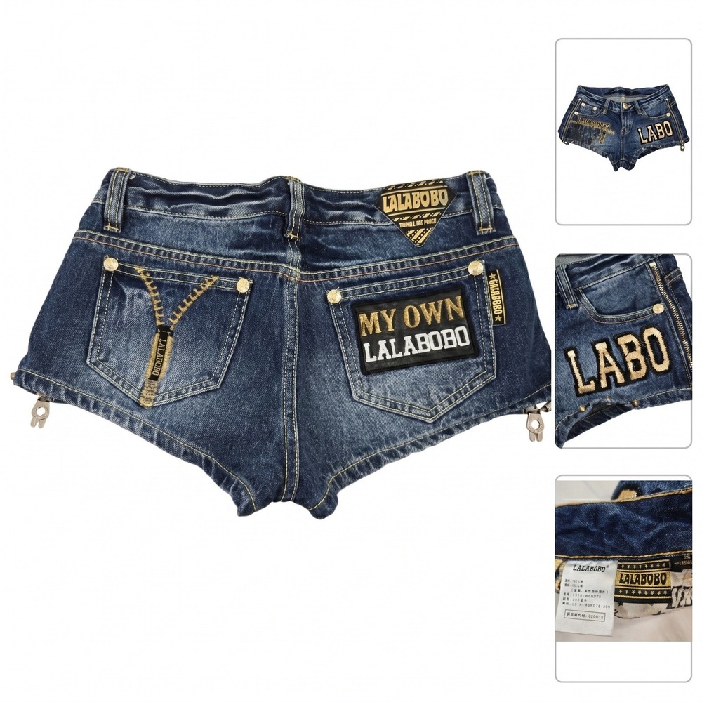 Lalabobo Boys Suck Denim Shorts 24 Gold Sequin Embroidered Zipper Micro Booty‎